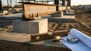 Wooden spirit level, plumb bob, tape measure, and architectural blueprints resting on a beam with structural steel I-beams and concrete footings in the background.