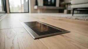 Metal floor register heating and cooling vent flush-mounted in light natural hardwood flooring inside a modern tiny home living room.