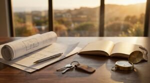 Architectural house floor plans rolled out on a wooden desk with a pen, house keys on a leather keychain, an open journal, and a brass compass, set against a sunlit window view.