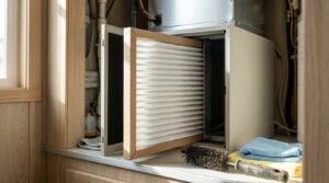 Homeowner or technician inserting a clean pleated air filter into a compact HVAC air handler unit inside a modern tiny home utility closet, alongside cleaning cloths and a brush.