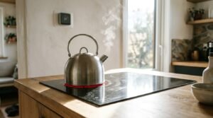 Stainless steel kettle heating on a modern glass induction cooktop with steam rising, set inside a contemporary residential kitchen with a smart thermostat on the wall.