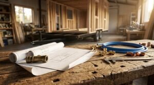 Architectural blueprints, brass fittings, a coil of blue PEX pipe, and a caliper resting on a wooden workbench in a workshop with a tiny home timber frame under construction in the background.