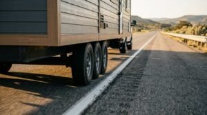 Close-up wheels and chassis of a modern park model RV or tiny home being towed by a vehicle on a scenic highway during golden hour.