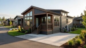 Modern park model home and mobile cabin with dark siding, a covered wooden porch, and large windows set on a concrete pad in a resort community with landscaped lawns and paving.