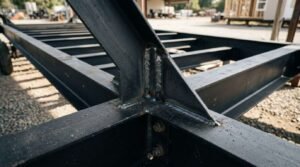 Close-up of structural welds and gusset plates on a heavy-duty steel I-beam trailer chassis for a park model RV or tiny home.