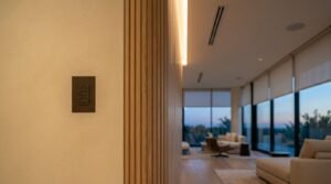 Minimalist dark smart home lighting control keypad mounted on a textured interior wall next to vertical wood slat paneling overlooking a modern living room at dusk.