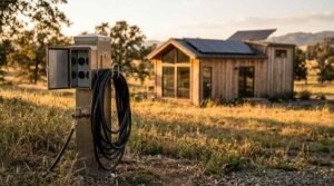 Modern metal utility pedestal featuring an open electrical outlet box, water spigot with a connected hose, and a coiled power cord, with a solar-powered park model tiny home in the background during golden hour.