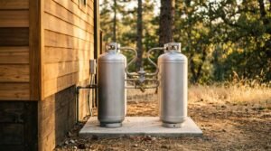 Dual silver propane tanks connected via a regulator and brass fittings on a concrete pad against the wooden siding of a modern tiny home.