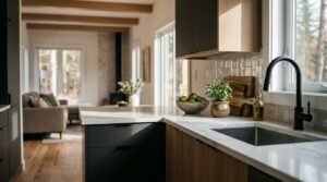 Modern park model home kitchen featuring white countertops, a dark matte faucet, black and wood cabinets, a bowl of green apples, and an open-concept view into the living room.