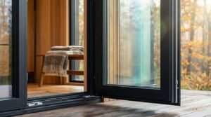 Close-up of a modern black-framed glass door opening onto a wooden deck, revealing a warm interior entryway with a bench and blanket.