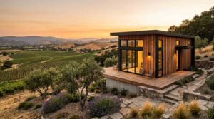 Modern wooden tiny house on a hillside overlooking scenic vineyards at sunset, featuring a wrap-around wooden deck, expansive glass windows, and a stone retaining wall pathway.