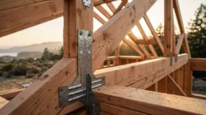 Close-up of engineered wooden roof trusses secured with heavy-duty galvanized steel connector plates and structural screws during residential framing.