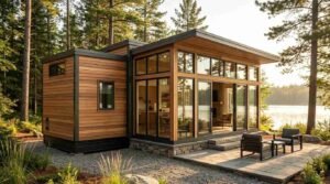 Modern lakeside modular home and park model RV featuring expansive floor-to-ceiling glass windows, wood siding, and an outdoor patio set nestled among pine trees.