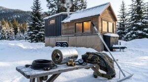 Winter maintenance and freeze-protection gear, including a heated water hose, foil-faced insulation roll, brass valve fitting, work gloves, jacket, and a snow rake, arranged on an outdoor wooden bench with a snow-covered tiny house on wheels and a snowy pine forest in the background.