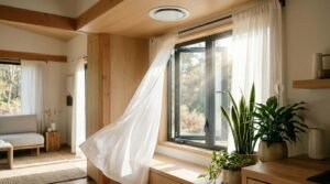 Modern tiny home interior featuring an open window letting in fresh air with blowing sheer white curtains, indoor potted plants on a wooden sill, and a ceiling ventilation vent.
