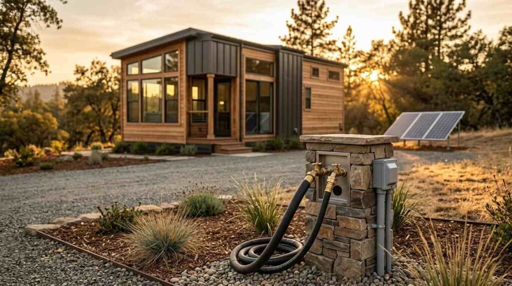 Stone-clad utility pedestal with water spigots and connected hoses, electrical lines, and a modern park model tiny home with rooftop solar panels in the background during golden hour.