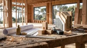 Rustic wooden workbench inside a house under construction featuring rolled architectural blueprints, a wall insulation cross-section sample, a brass plumb bob, a framing square, a digital laser measure, and wood joinery blocks with a timber-framed interior background.