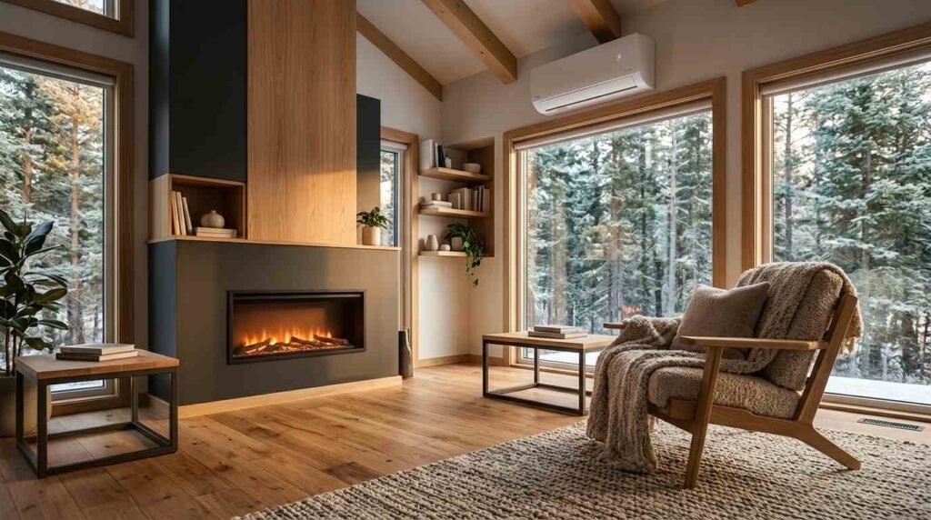 Cozy interior of a modern luxury park model home featuring hardwood flooring, a contemporary electric fireplace, vaulted wood-beam ceilings, and large windows overlooking a snowy forest.