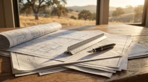 Architectural blueprints and structural drawings laid out on a wooden table with a triangular scale ruler and a fountain pen, positioned in front of a sunny window overlooking a rural landscape.