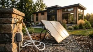 Off-grid utility setup featuring a stone-clad pedestal with a water spigot and hose, a portable solar panel array on the ground, and a modern tiny home in the background during golden hour.