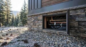 Open crawl space access hatch on a stone-skirted foundation showing insulated copper plumbing pipes beneath a modern tiny home or park model RV.