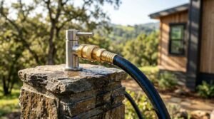 Heavy-duty water hose with brass fittings connected to a modern stainless steel spigot mounted on a stone-clad utility pedestal outside a tiny home.