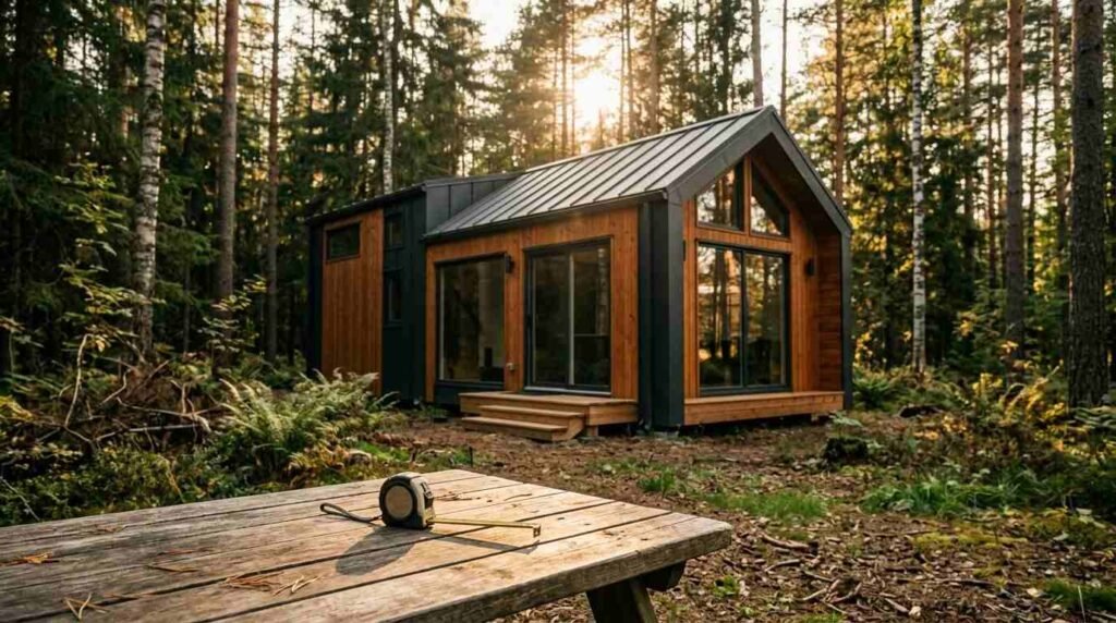 A measuring tape resting on a wooden picnic table with a modern prefab tiny home nestled in a lush pine forest in the background.
