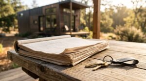 Stacked architectural blueprints and a set of house keys on a wooden outdoor table with a modern park model tiny home in the background.