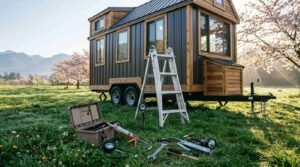 Spring maintenance tools, a stepladder, a tool case, and a caulking gun arranged on the grass in front of a modern tiny house on wheels set in a blooming meadow with cherry blossom trees.