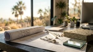 Architectural blueprints rolled out on a design studio desk alongside drafting tools, a scale ruler, compass, insulation samples, and a scenic window view with palm trees.