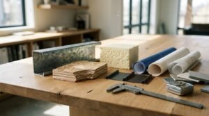 Architectural and construction material samples including steel framing, OSB plywood, insulation, metal roofing, blueprints, and measuring tools on a wooden workbench.