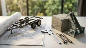 Architectural drafting table featuring a tiny house trailer chassis model on top of blueprints, alongside a concrete block, heavy-duty leveling jack, caliper, and drafting pens.