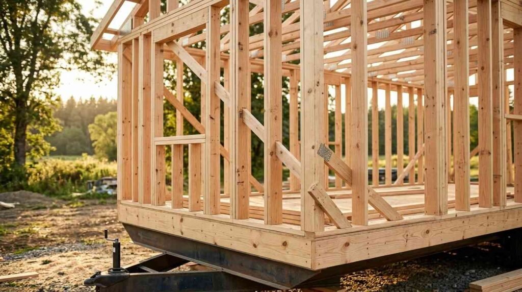 Timber wall framing, temporary diagonal bracing, and roof trusses under construction on top of a steel trailer chassis for a tiny home.