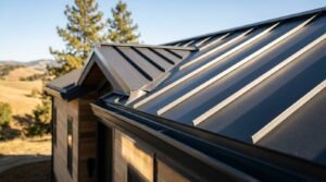 Close-up of a durable standing seam metal roof and gutter system installed on a modern tiny home or park model RV in a rural setting.