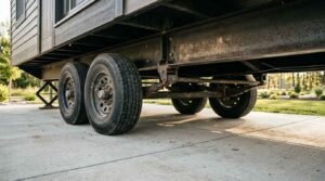 Heavy-duty steel trailer chassis and dual axles supporting a park model RV parked on a concrete pad with stabilizing jacks.