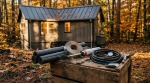 Winterization and maintenance supplies, including foam pipe insulation, flashing tape, sealant, and a coiled hose with a pressure gauge, arranged on a wooden crate outdoors in front of a gray tiny house on wheels set in an autumn forest.