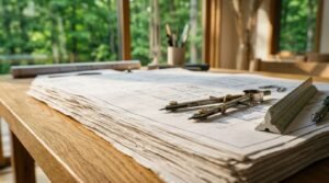 A stack of architectural floor plans on a wooden design desk featuring a drafting compass, triangular scale ruler, and a mechanical pencil, with a sunlit forest view through the window.