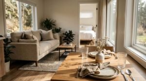 Bright interior of a modern park model home featuring a wooden dining table set with plates and glasses in the foreground, a cozy living room with a sofa, and a glimpse into a bedroom through an open doorway.