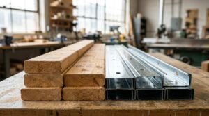 Side-by-side comparison of stacked dimensional lumber wood studs and galvanized steel framing studs on a workshop workbench.