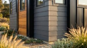 Close-up of mixed exterior finishes on a modern tiny home or park model RV featuring horizontal lap siding, wood-grain panels, and vertical metal trim.