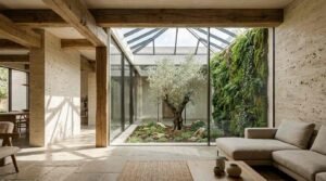 Luxury modern interior living room featuring a glass-enclosed indoor courtyard with an olive tree, a vertical green wall, a glass skylight, exposed timber ceiling beams, travertine stone walls, and limestone flooring.