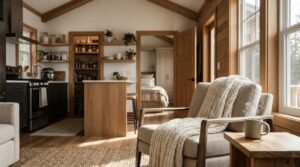 Cozy interior view of a modern park model home featuring a comfortable armchair with a knit throw blanket and a mug on a side table in the foreground, with a kitchen, pantry, and bedroom visible in the background.