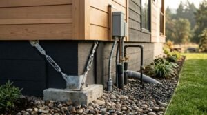 Park model home utility and electrical connections, insulated water supply lines, and foundation seismic tie-down brackets secured to a concrete pier with gravel drainage landscaping.