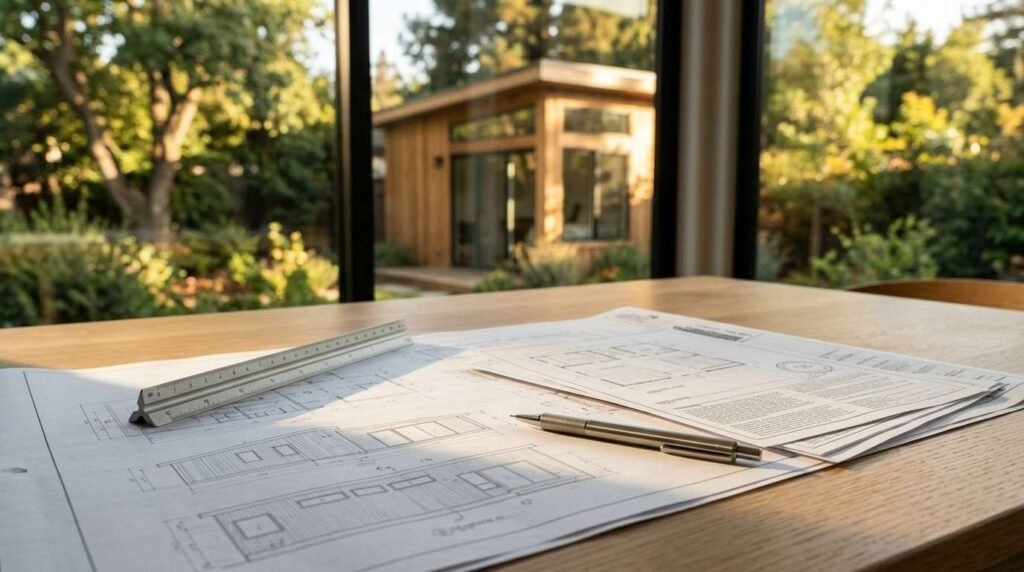 Architectural ADU blueprints, triangular scale ruler, and pen on table with backyard studio shed in background