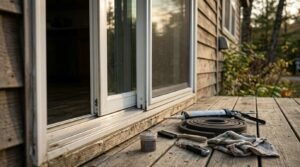 Weatherstripping roll, caulk gun, wire brush, and utility knife on deck threshold for sliding glass door seal maintenance