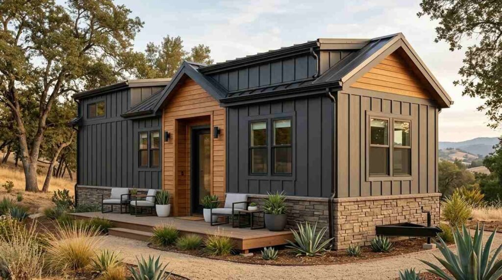 Modern park model home exterior with charcoal board-and-batten siding, warm wood accents, stone veneer skirting, a metal roof, and a landscaped front porch.