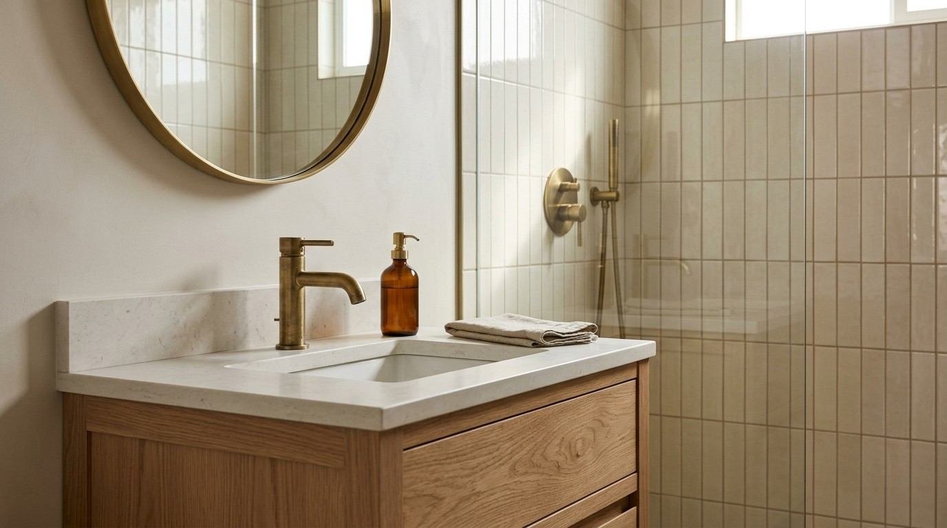 Modern park home bathroom with a natural oak vanity, white stone countertop, brushed brass fixtures, round mirror, and glass-enclosed tiled shower.