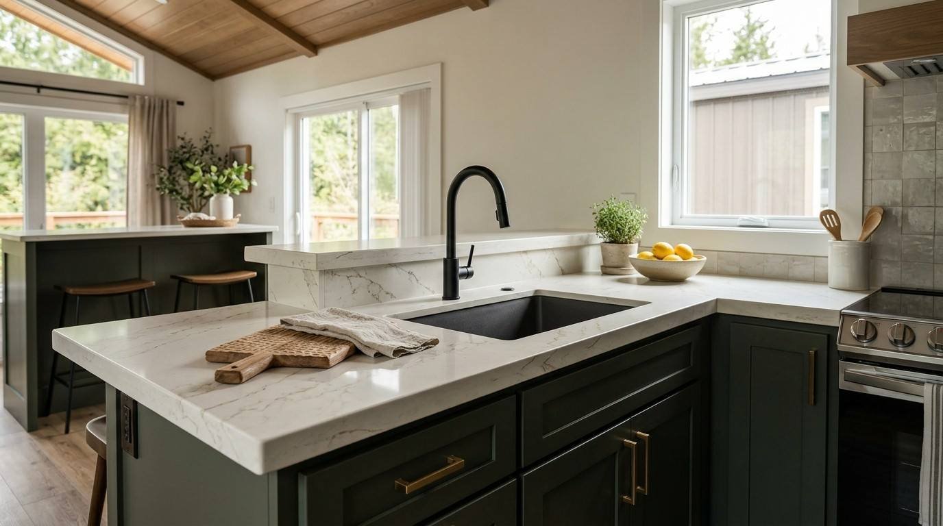 Park home kitchen with white marble countertops, dark green cabinets, a black farmhouse sink, and natural wood ceiling.