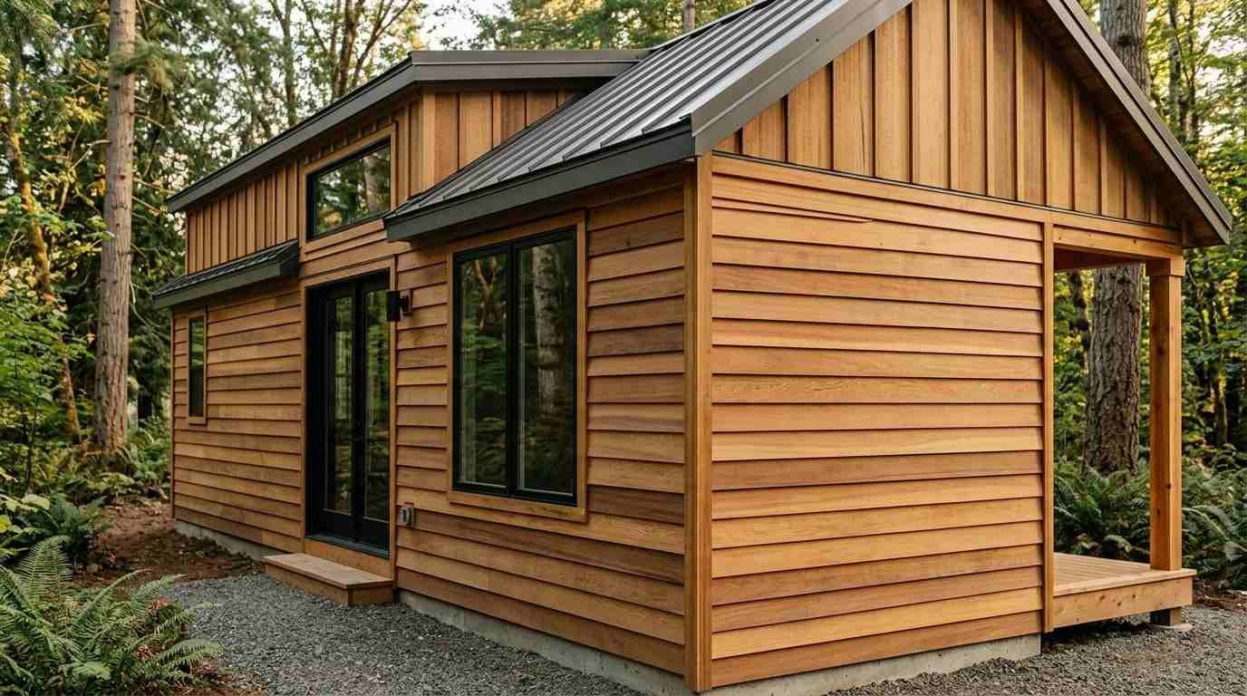 Modern park model home with natural wood siding, vertical wood gable accents, black-framed windows, a metal roof, and a covered porch in a wooded setting.