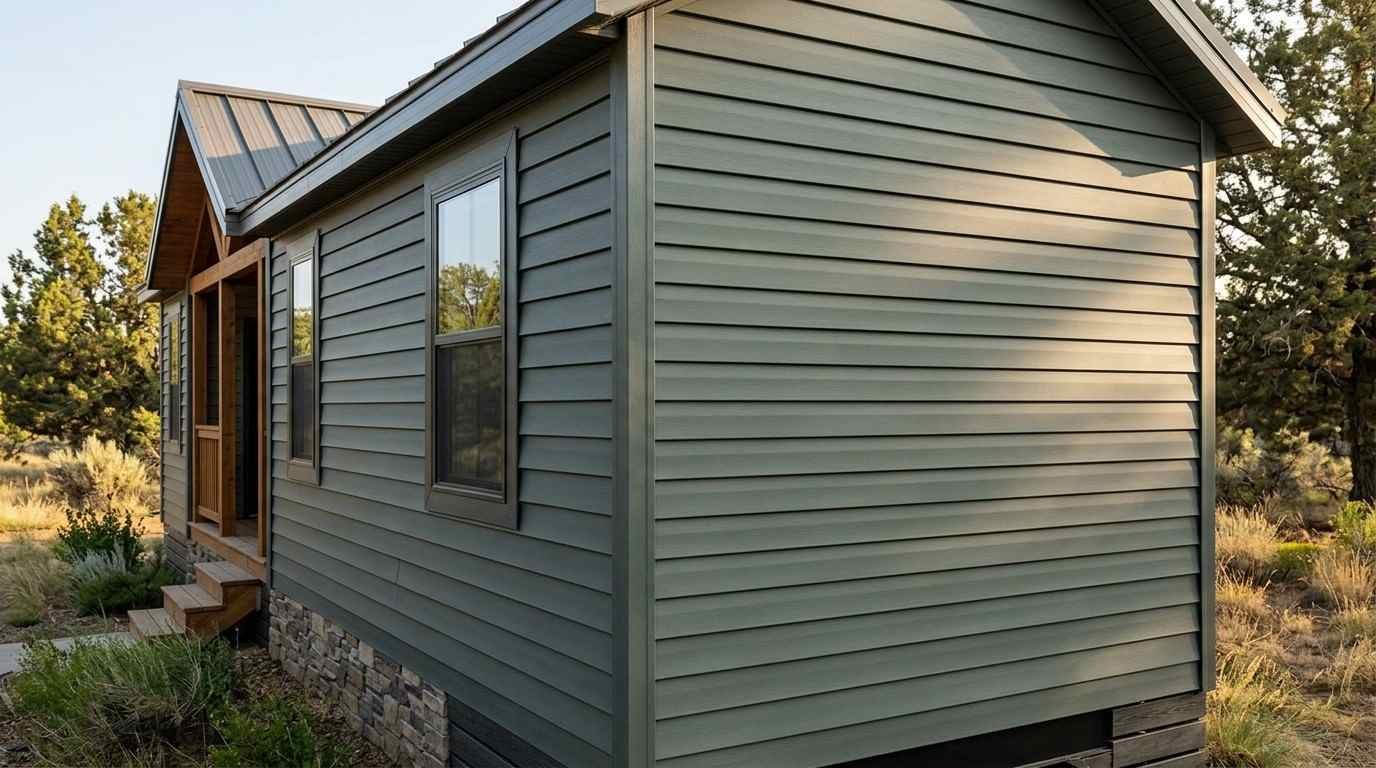 Park model home with sage green horizontal vinyl siding, white-framed windows, a metal roof, stone skirting, and a natural wood entry porch.